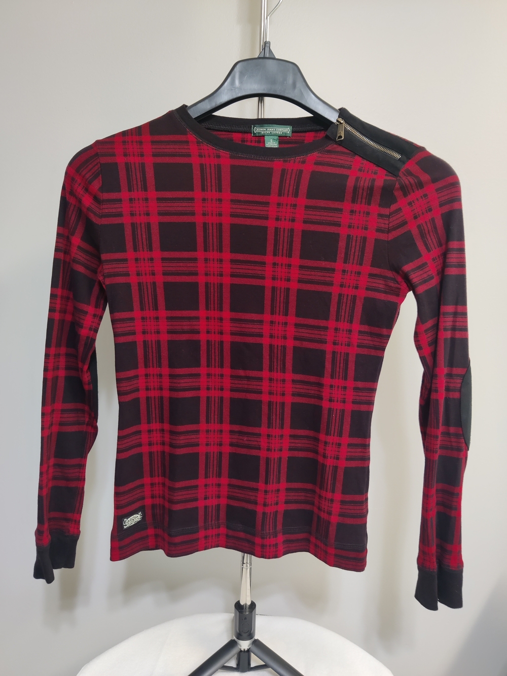 Vintage Ralph Lauren Red and Black Plaid Crewneck Sweater with Shoulder Zip